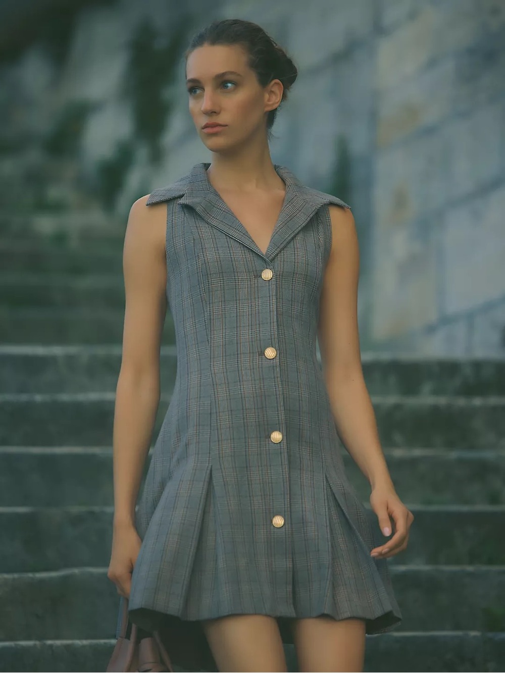 Anthropologie Maeve Button-Front Mini Dress brown plaid
